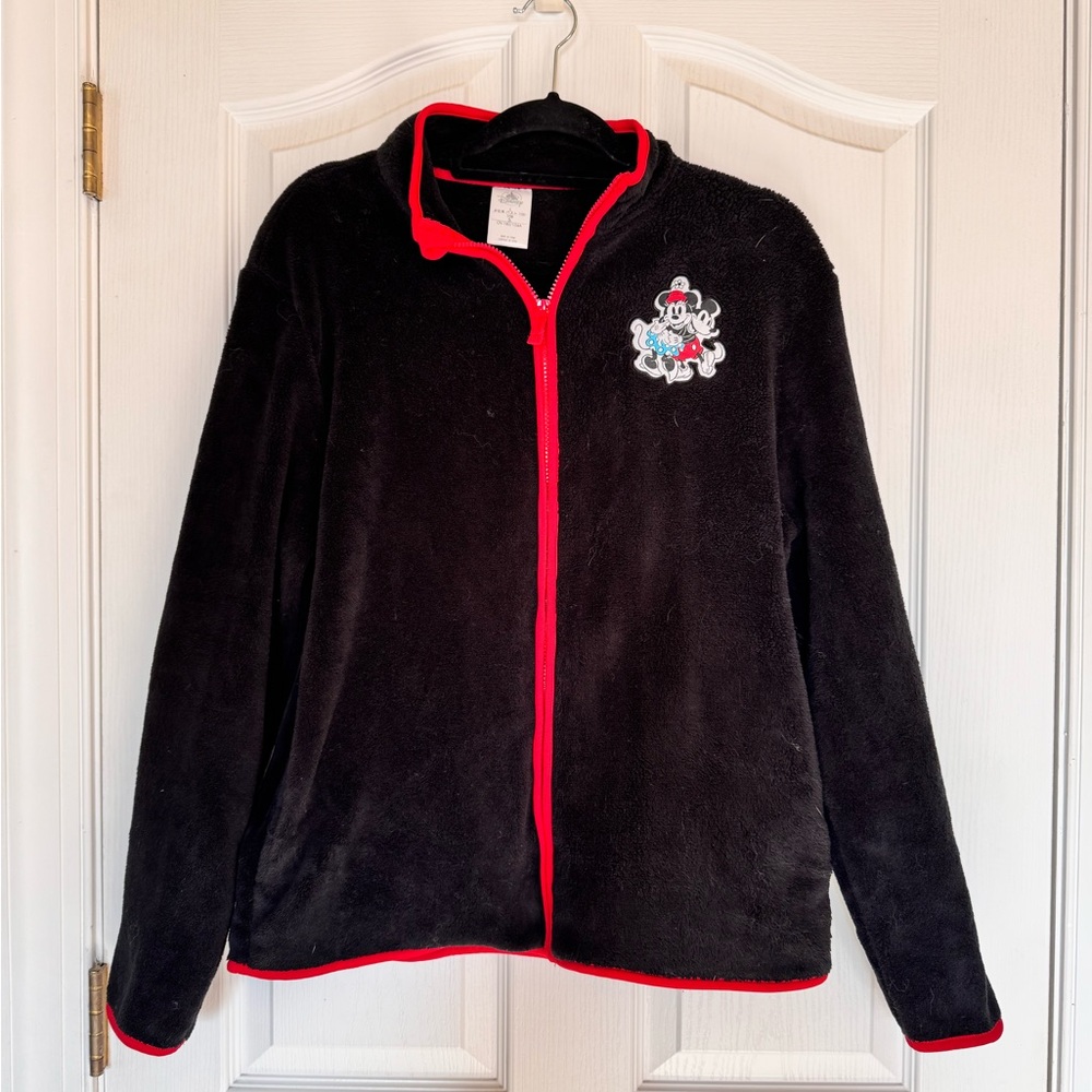 Disney Mickey Mouse Fleece Zip Up Jacket Black Red Trim Women’s L Winter Plush